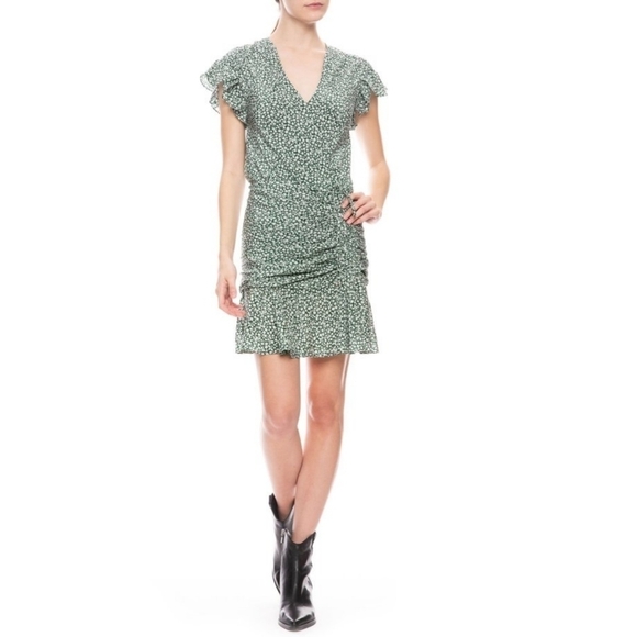 Veronica Beard Marla Dress Women 2 Green Micro Floral Mini Ruched Silk Tie - Picture 1 of 16